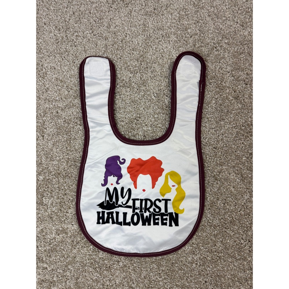 Hocus Pocus Sanderson Sisters My First Halloween Baby Bib White Burgundy Trim